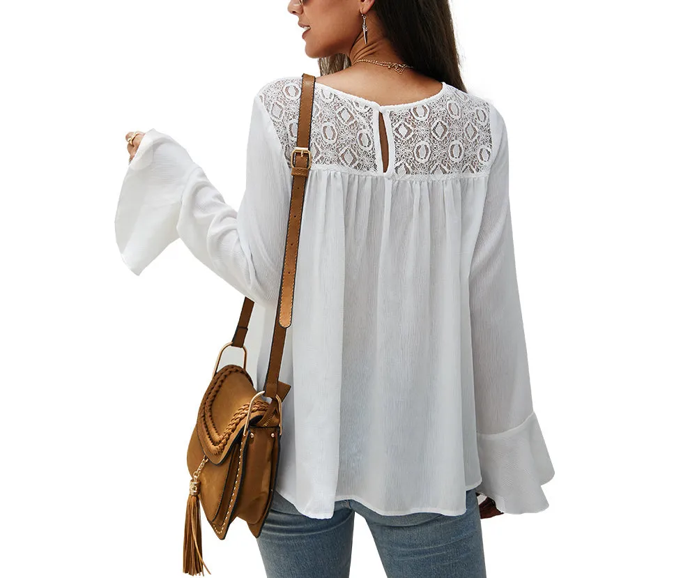 Solid Color Long Sleeve Chiffon Shirt Top