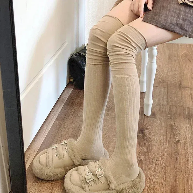 Solid Color Thigh-High Socks - Warm Cotton
