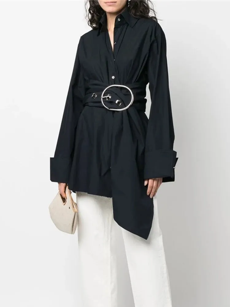 Solid Spliced Belt Blouses For Women Lapel Long Sleeve Patchwork Single Breasted Vintage Chic Shirt
