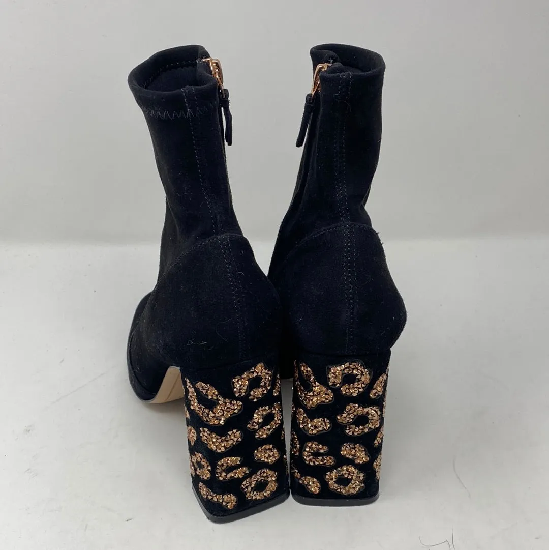 Sophia Webster Black Suede Side Zip Chunky Heel Bootie with Bronze Crystal Leopard Spots