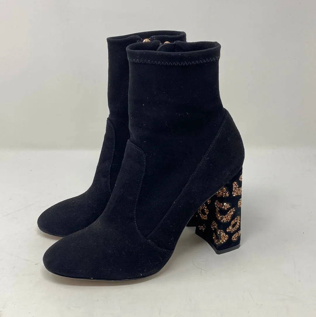 Sophia Webster Black Suede Side Zip Chunky Heel Bootie with Bronze Crystal Leopard Spots