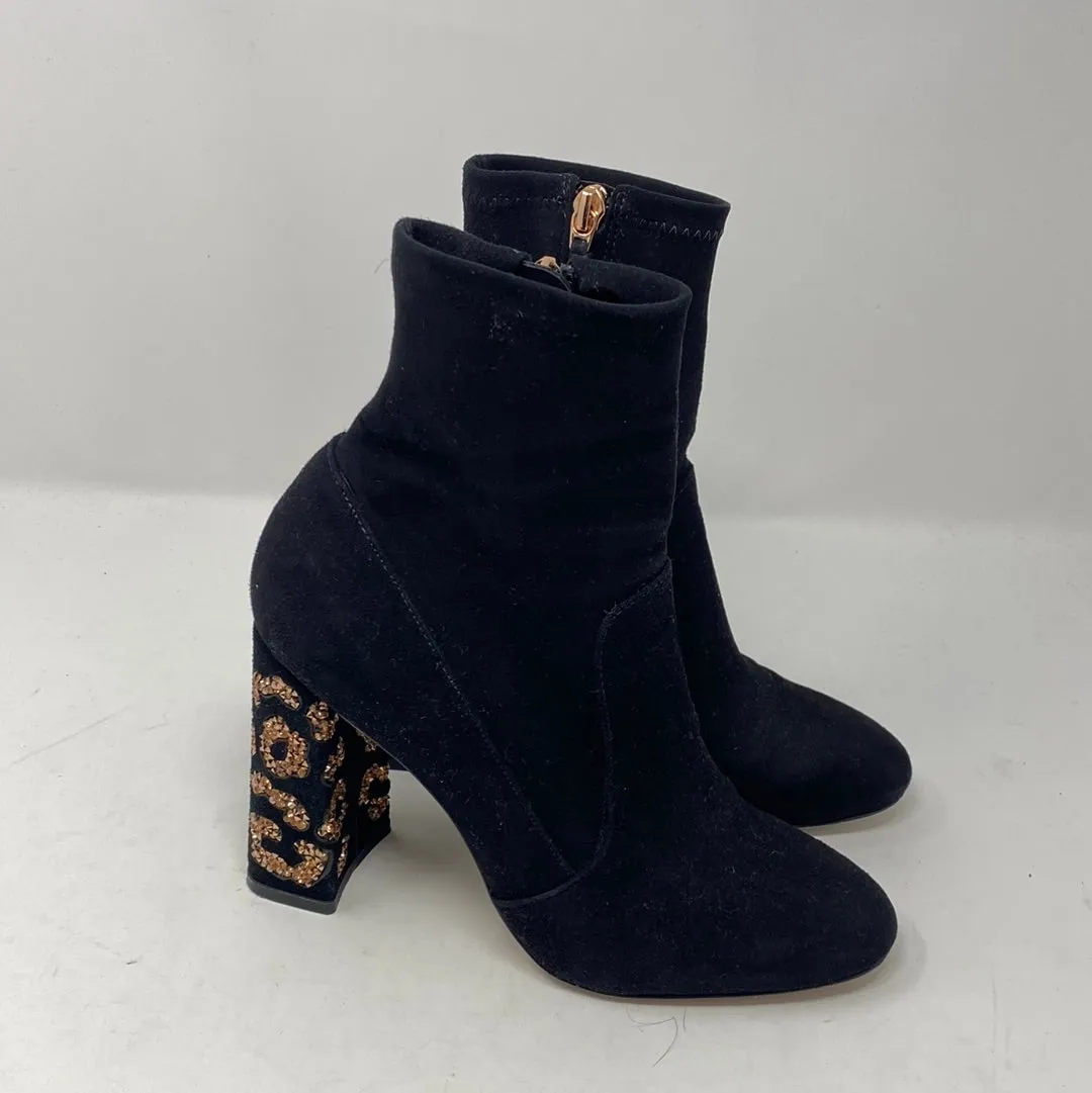 Sophia Webster Black Suede Side Zip Chunky Heel Bootie with Bronze Crystal Leopard Spots