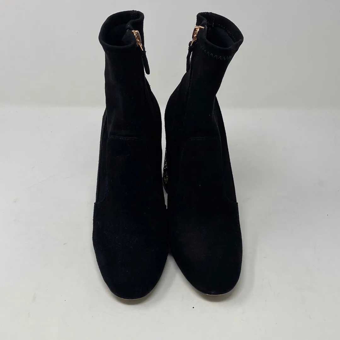 Sophia Webster Black Suede Side Zip Chunky Heel Bootie with Bronze Crystal Leopard Spots