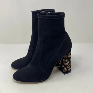 Sophia Webster Black Suede Side Zip Chunky Heel Bootie with Bronze Crystal Leopard Spots