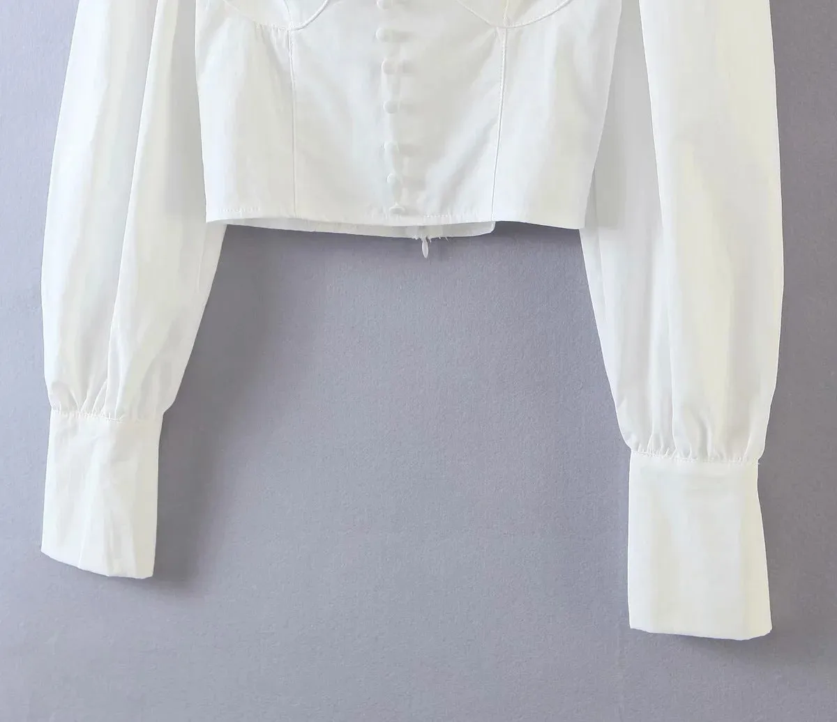 Square Collar Lantern Sleeve Backless Tie-Back Shirts Blouses Crop Tops