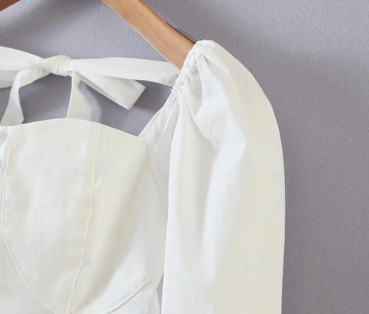 Square Collar Lantern Sleeve Backless Tie-Back Shirts Blouses Crop Tops