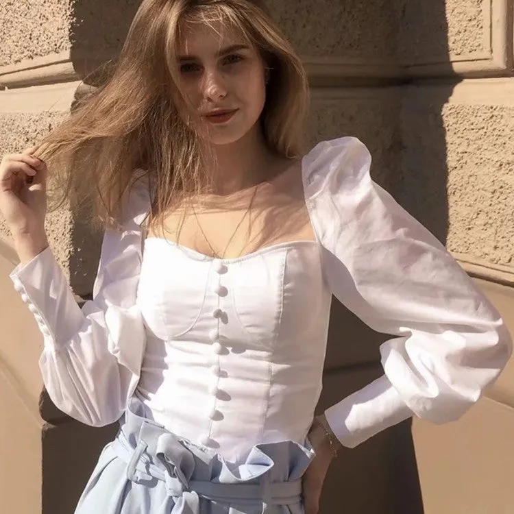 Square Collar Lantern Sleeve Backless Tie-Back Shirts Blouses Crop Tops
