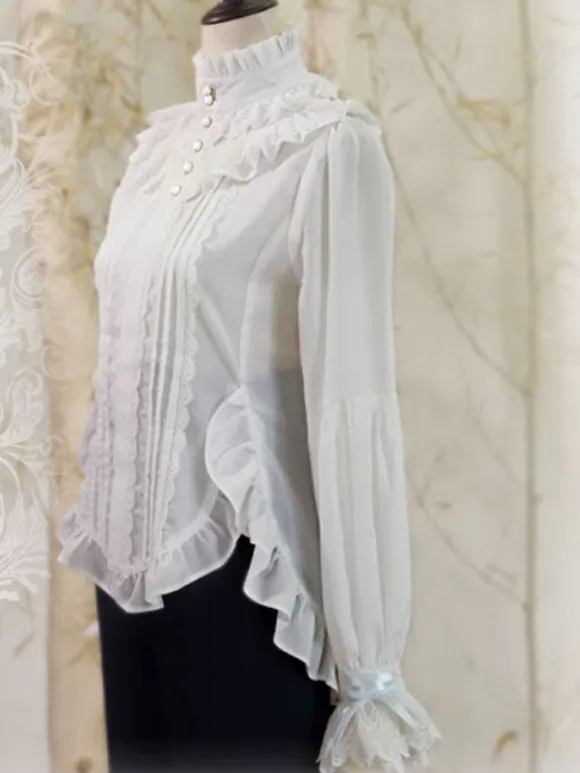 Steampunk Ouji Lolita Blouses Bows Lace Long Sleeves Blouse Lolita Top White Lolita Shirt