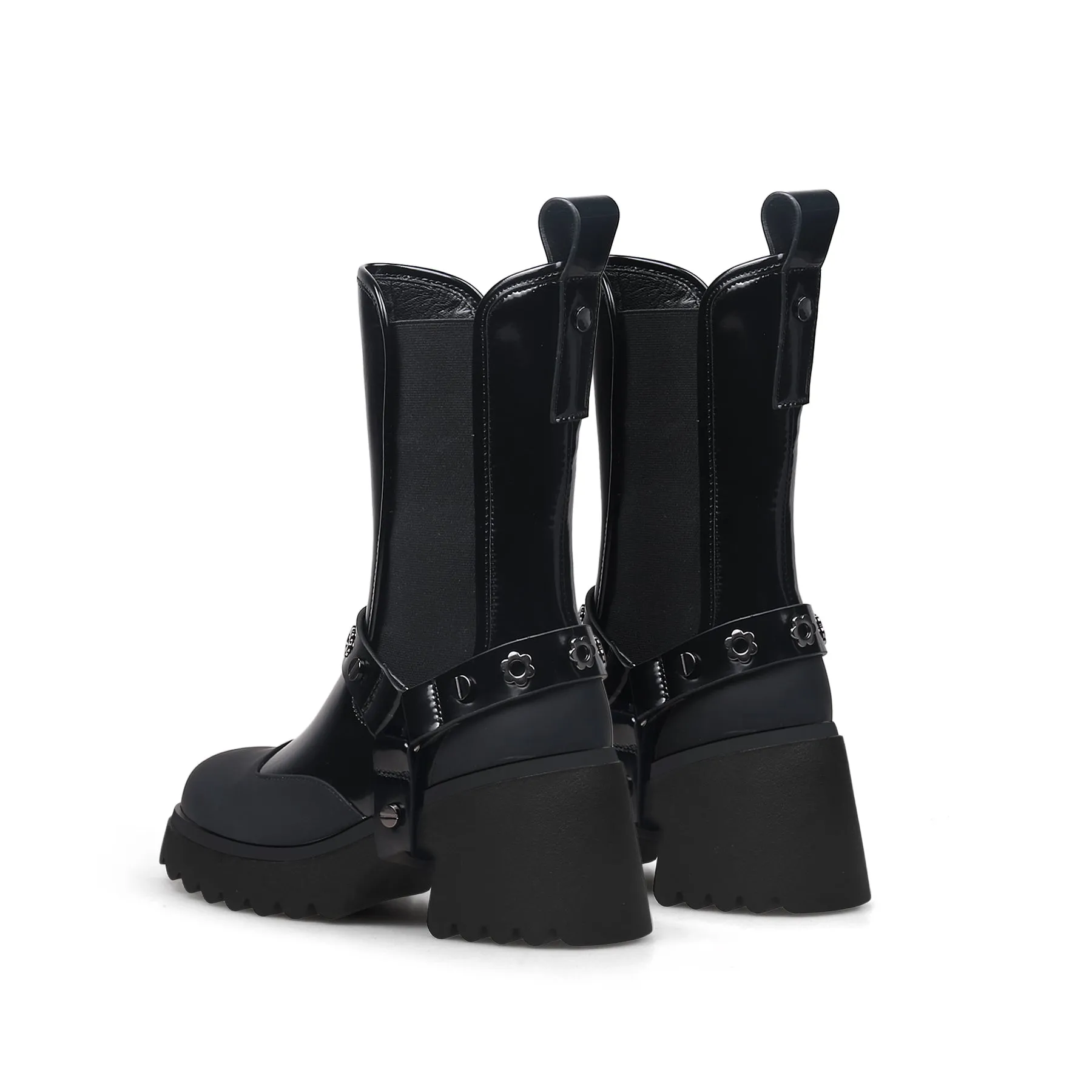Strap Rivet Leather Chelsea Boot - Black