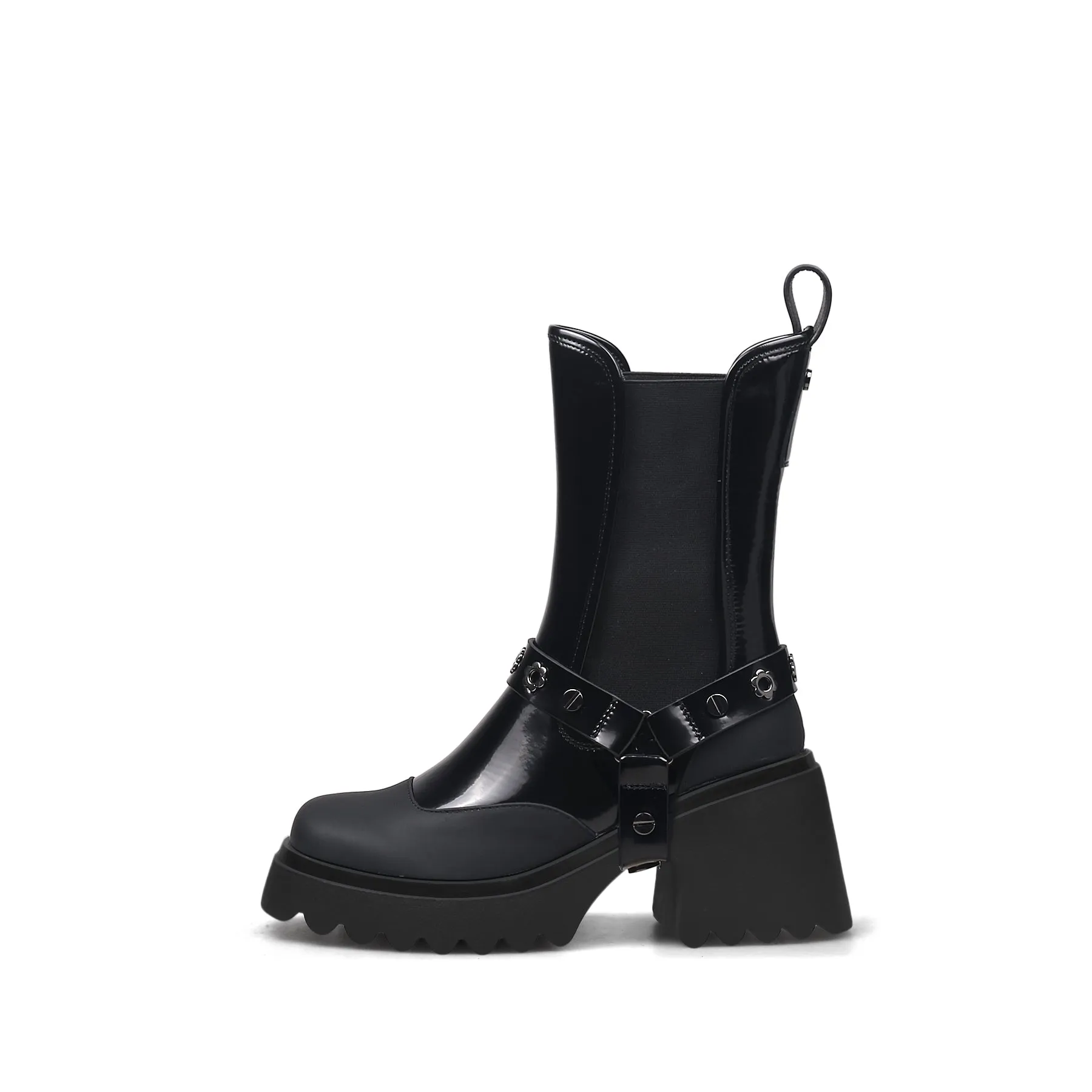 Strap Rivet Leather Chelsea Boot - Black