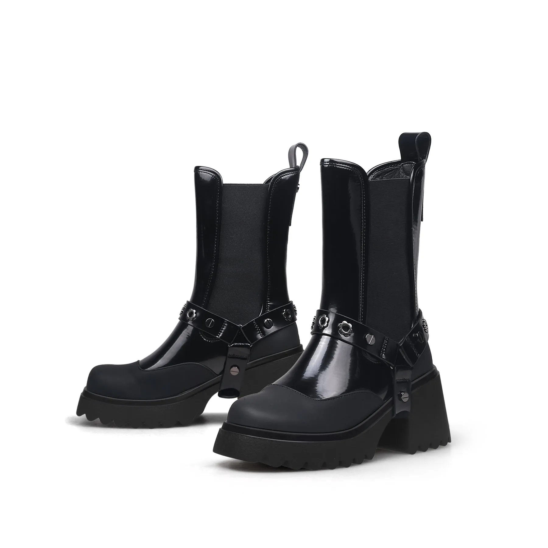 Strap Rivet Leather Chelsea Boot - Black