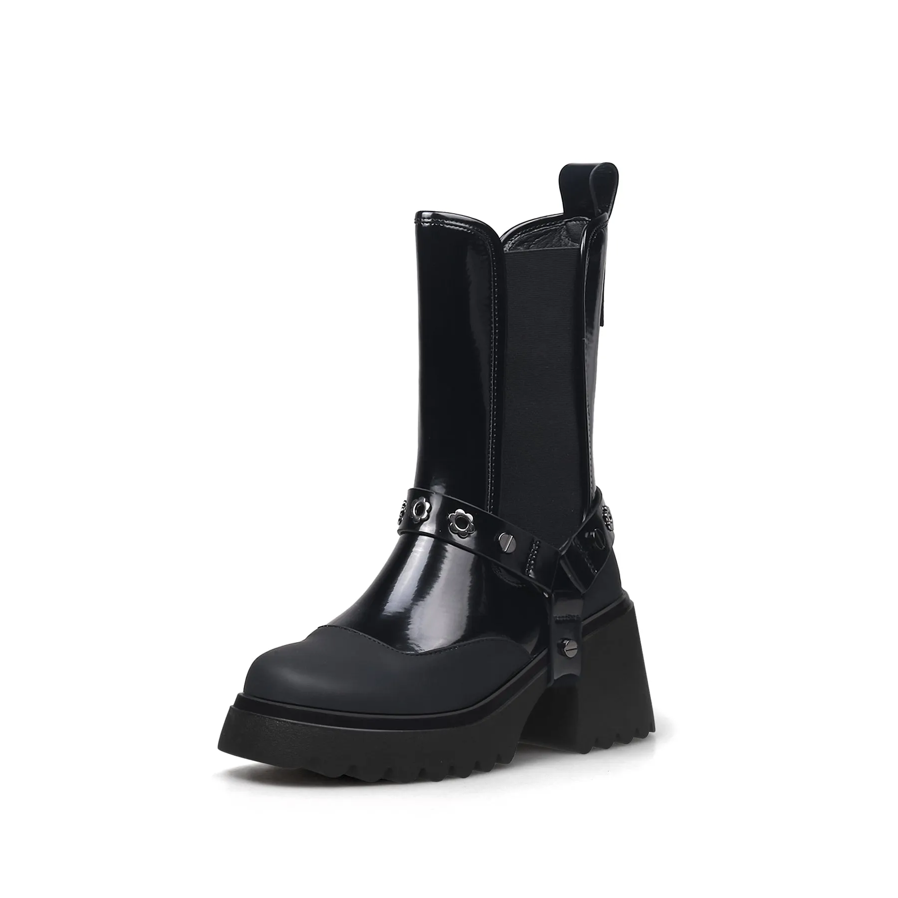 Strap Rivet Leather Chelsea Boot - Black