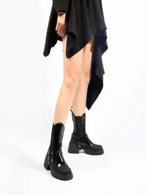 Strap Rivet Leather Chelsea Boot - Black