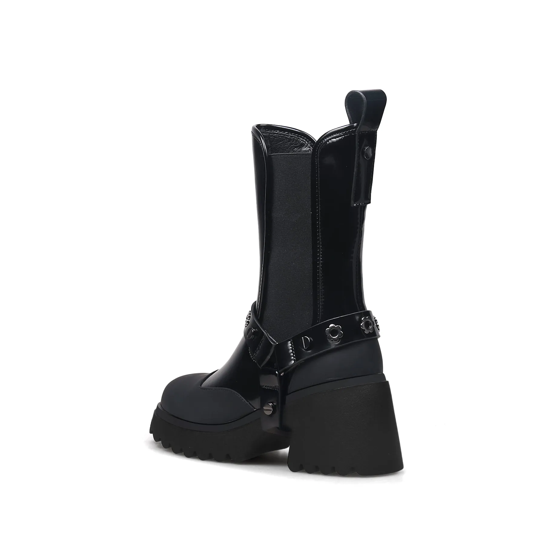 Strap Rivet Leather Chelsea Boot - Black