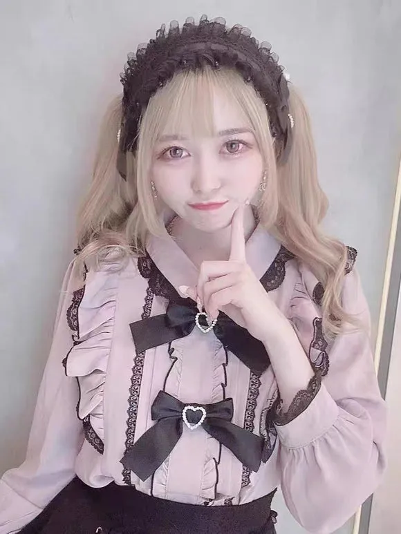 Sweet Lolita Blouses Lolita Top Pink Long Sleeves Ruffles Lace Bow Lolita Shirt
