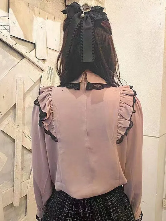 Sweet Lolita Blouses Lolita Top Pink Long Sleeves Ruffles Lace Bow Lolita Shirt