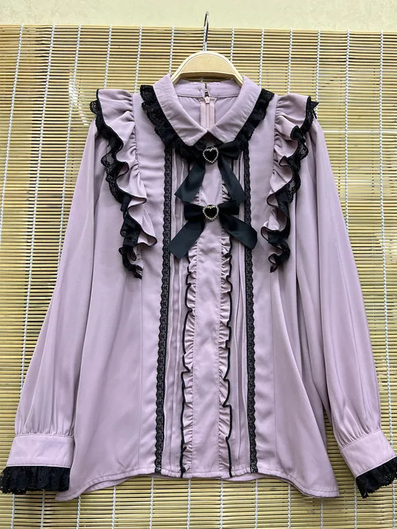 Sweet Lolita Blouses Lolita Top Pink Long Sleeves Ruffles Lace Bow Lolita Shirt