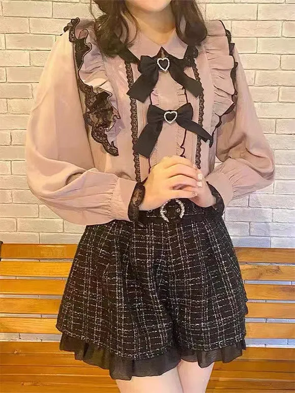 Sweet Lolita Blouses Lolita Top Pink Long Sleeves Ruffles Lace Bow Lolita Shirt