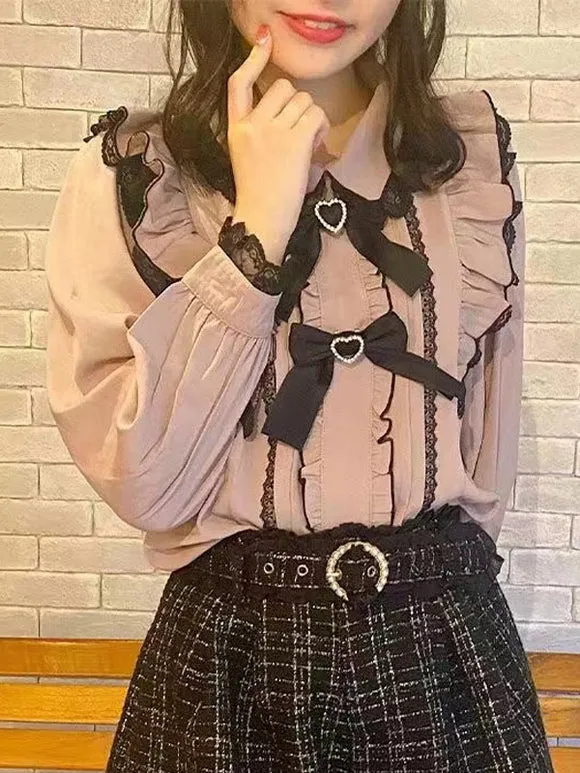Sweet Lolita Blouses Lolita Top Pink Long Sleeves Ruffles Lace Bow Lolita Shirt