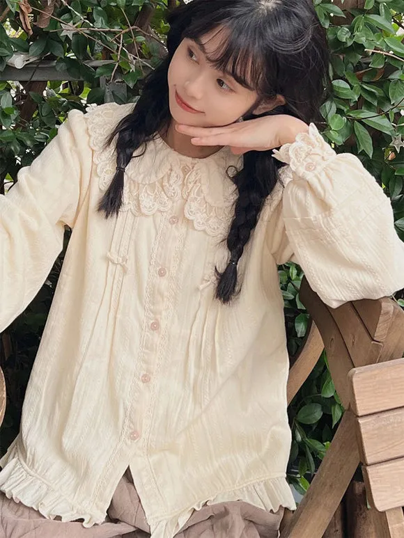 Sweet Lolita Blouses Ruffles Lace Long Sleeves Lolita Top Blouse Apricot Lolita Shirt