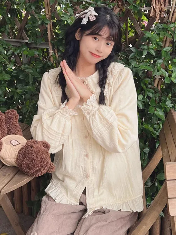 Sweet Lolita Blouses Ruffles Lace Long Sleeves Lolita Top Blouse Apricot Lolita Shirt