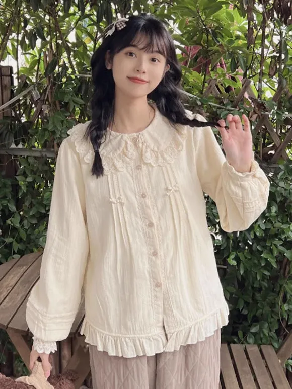 Sweet Lolita Blouses Ruffles Lace Long Sleeves Lolita Top Blouse Apricot Lolita Shirt