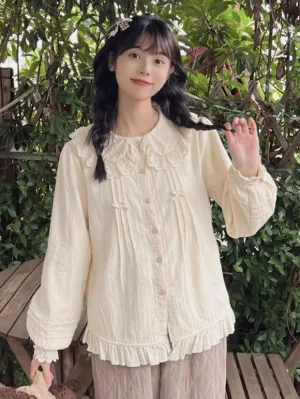 Sweet Lolita Blouses Ruffles Lace Long Sleeves Lolita Top Blouse Apricot Lolita Shirt
