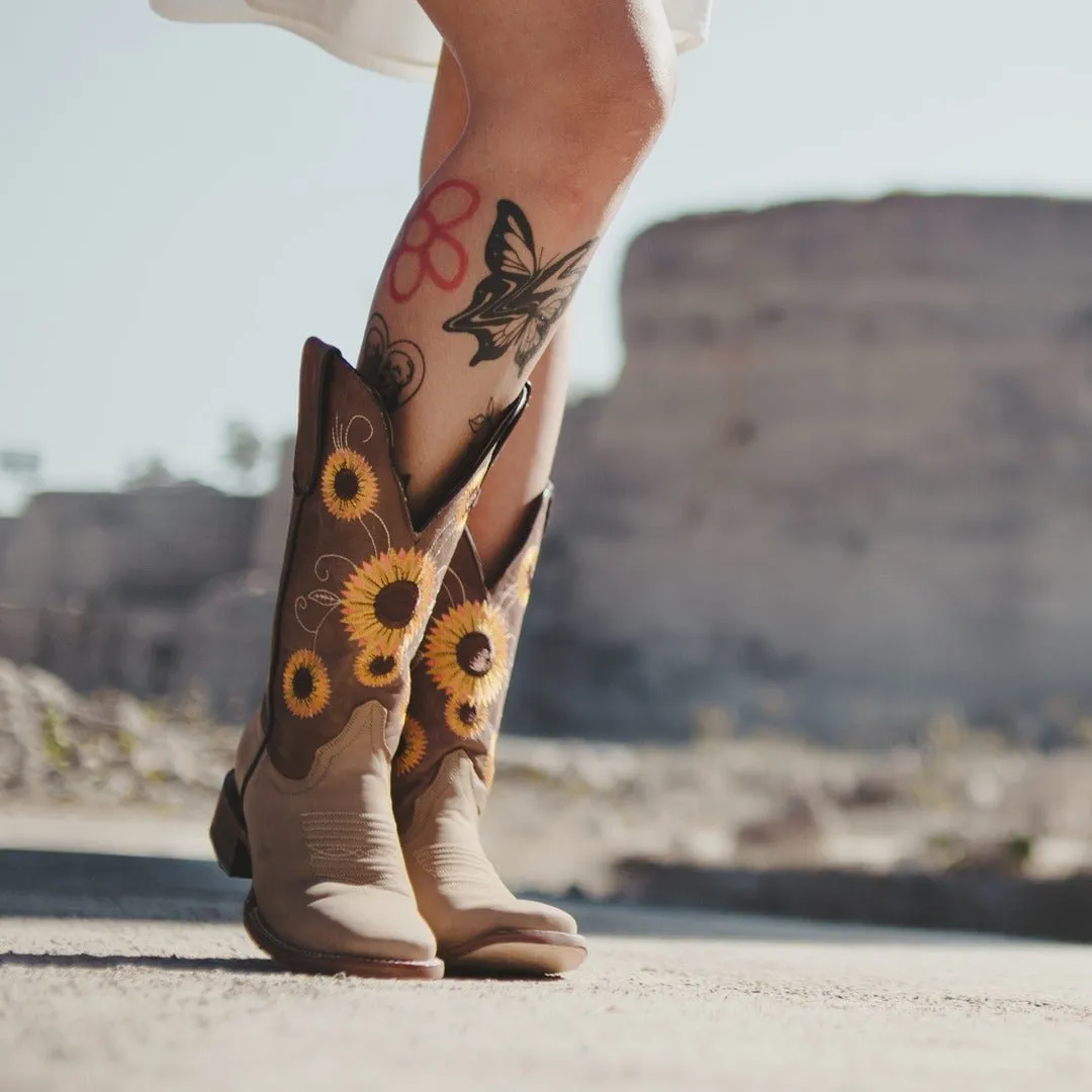 TANNER MARK WOMEN’S Spring Crazy Brown Cowgirl Boots Whit Sunflower Embroidery