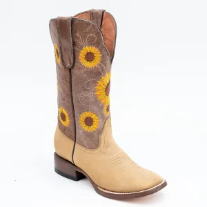 TANNER MARK WOMEN’S Spring Crazy Brown Cowgirl Boots Whit Sunflower Embroidery
