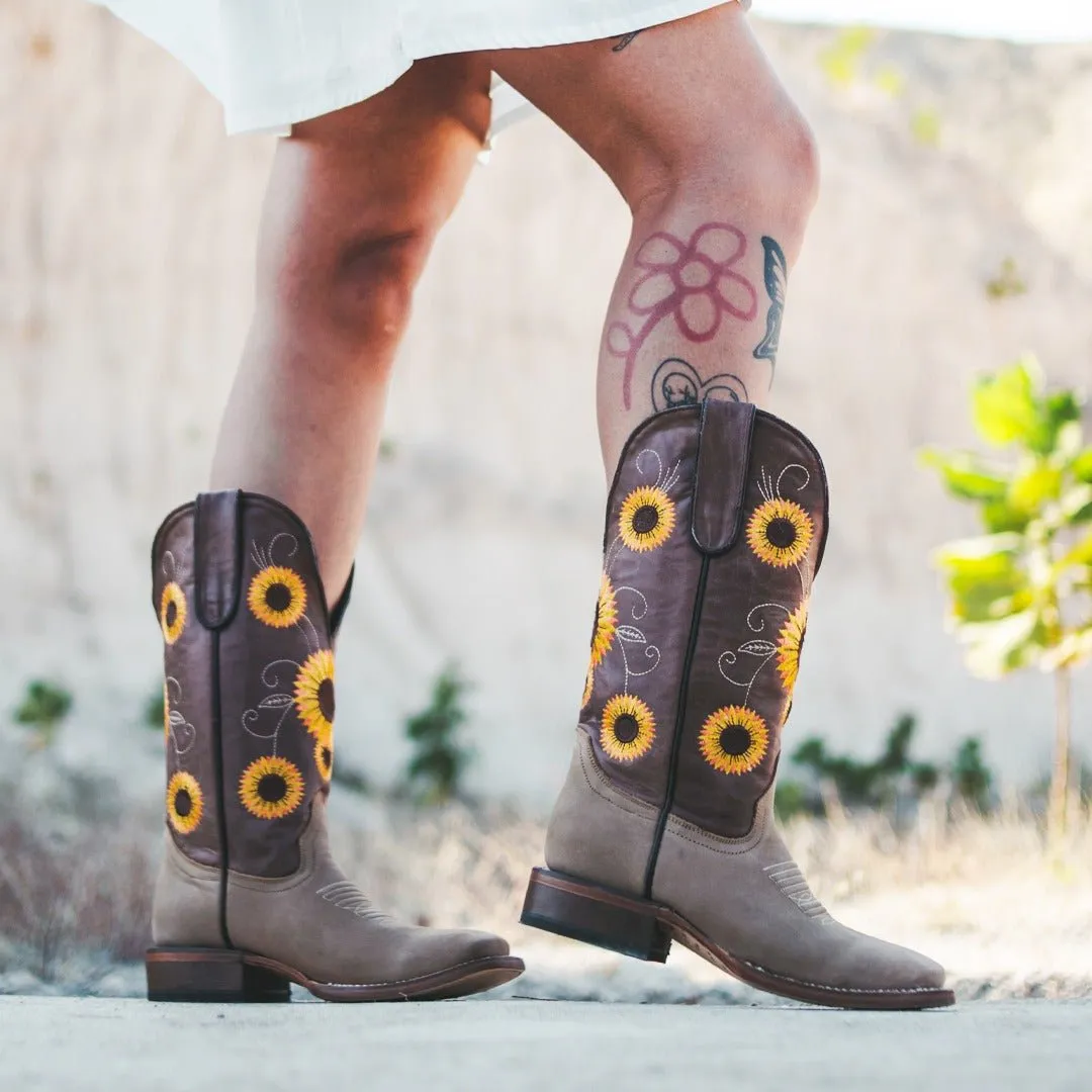 TANNER MARK WOMEN’S Spring Crazy Brown Cowgirl Boots Whit Sunflower Embroidery