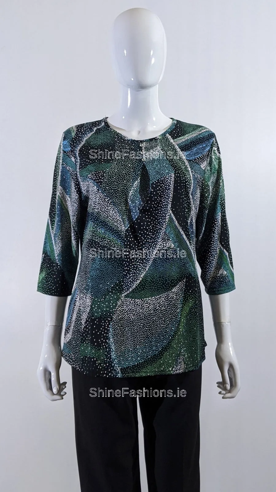 Teal Spotted Pattern Round Neck Blouse Top