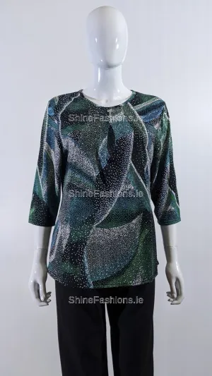 Teal Spotted Pattern Round Neck Blouse Top