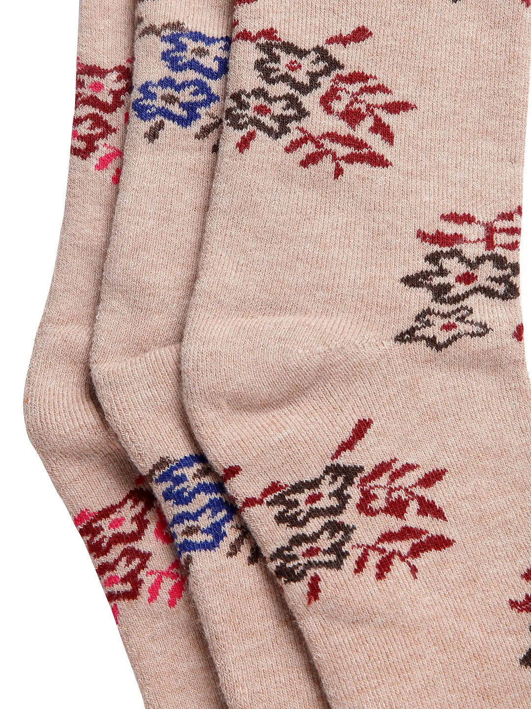 Texlon Women's Calf Length Towel Thick Woolen Thumb Multicolored Socks (Pack of 3 Pairs)