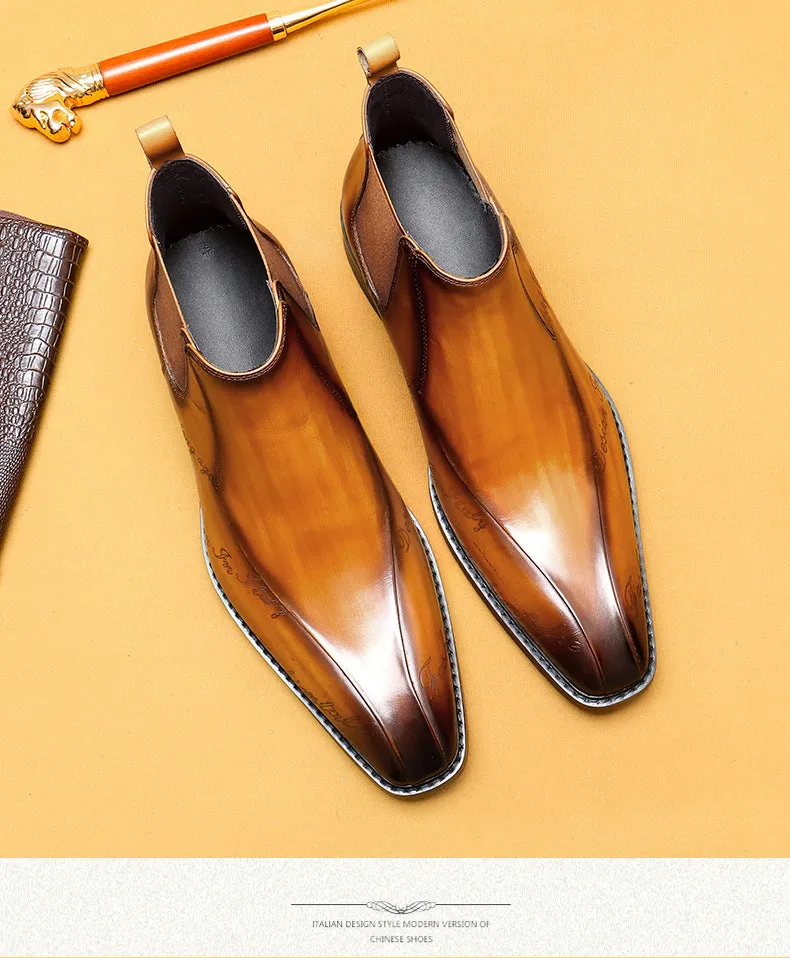 Top Layer Cowhide Men's Leather Shoes Pointed Ankle Boots Men's Genuine Leather Business Formal Wear Chelsea Boots Carved Martin Boots High-Top Leather Boots89611