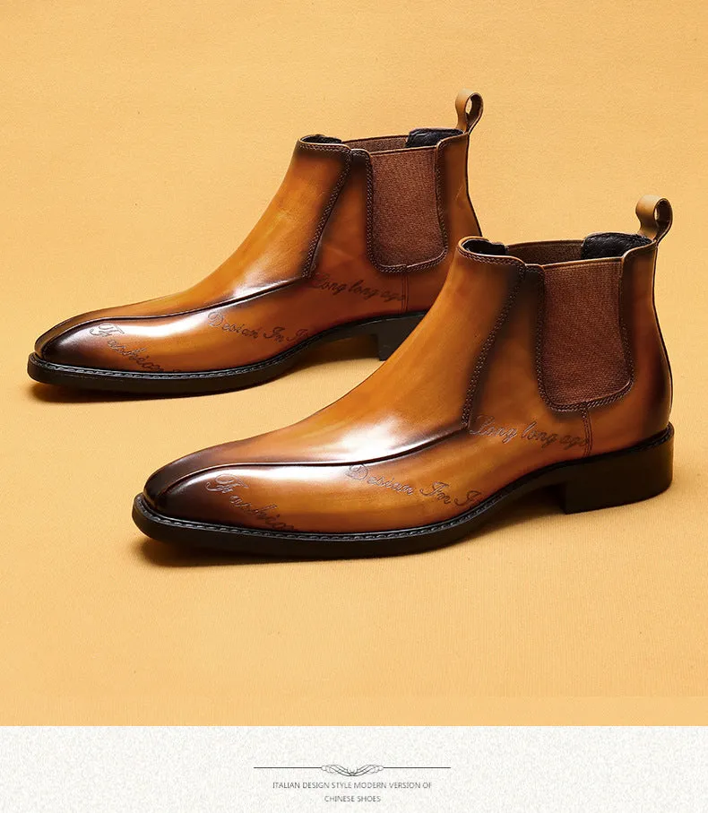 Top Layer Cowhide Men's Leather Shoes Pointed Ankle Boots Men's Genuine Leather Business Formal Wear Chelsea Boots Carved Martin Boots High-Top Leather Boots89611