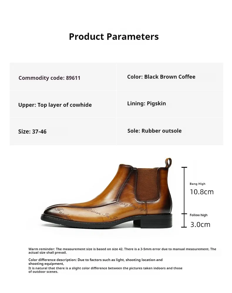 Top Layer Cowhide Men's Leather Shoes Pointed Ankle Boots Men's Genuine Leather Business Formal Wear Chelsea Boots Carved Martin Boots High-Top Leather Boots89611