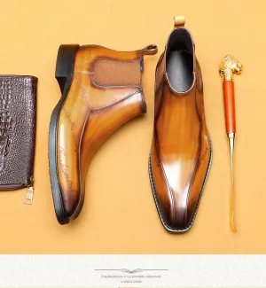 Top Layer Cowhide Men's Leather Shoes Pointed Ankle Boots Men's Genuine Leather Business Formal Wear Chelsea Boots Carved Martin Boots High-Top Leather Boots89611