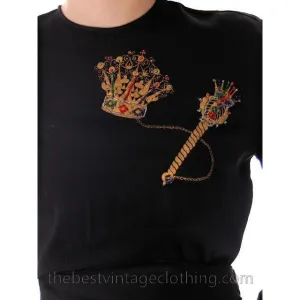 Vintage El-Ge Rayon Blouse Black Gold Crown & Scepter Motif Beaded Med