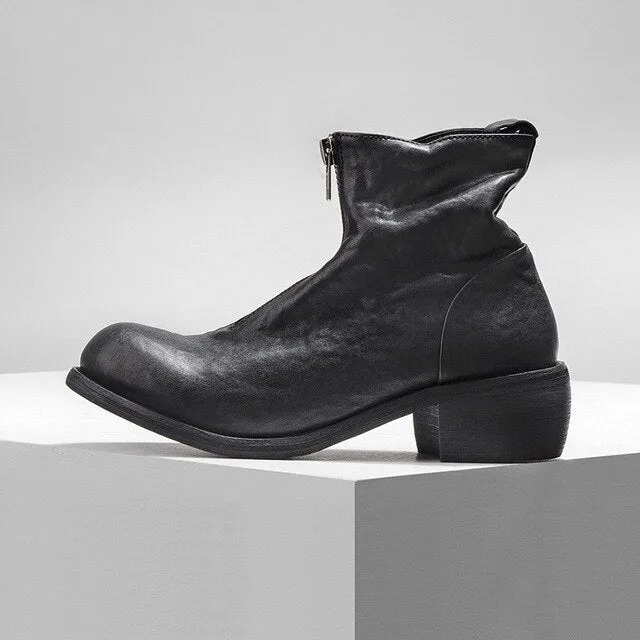 Vintage Genuine Leather Zip Boots Men Round Toe Ankle Riding Boots Luxury Brand Men Casual Shoes White High Top Sneakers 38-44