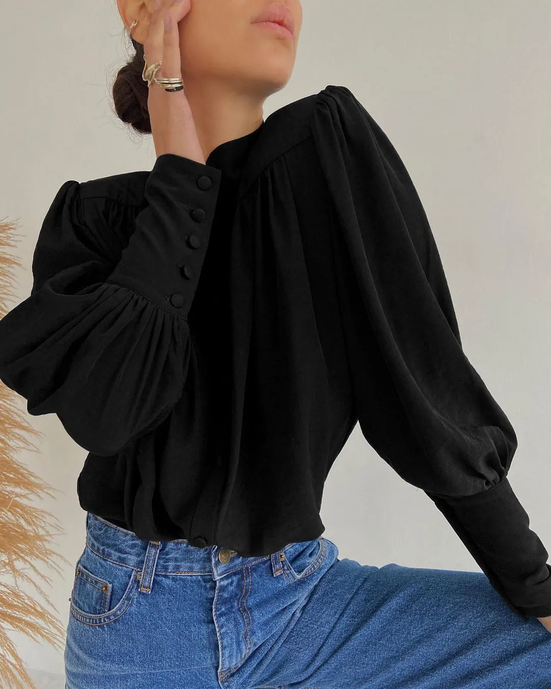 Vintage Lantern Sleeve Single-breasted Stand-up Collar Shirts
