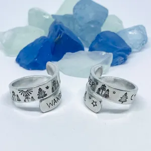 Wander Hand Stamped Metal Wrap Ring | Nature Lover | Outdoors Hiker | Gift for Her | Mountain Wrap Ring | Valentine’s Gift | Trees Mountains
