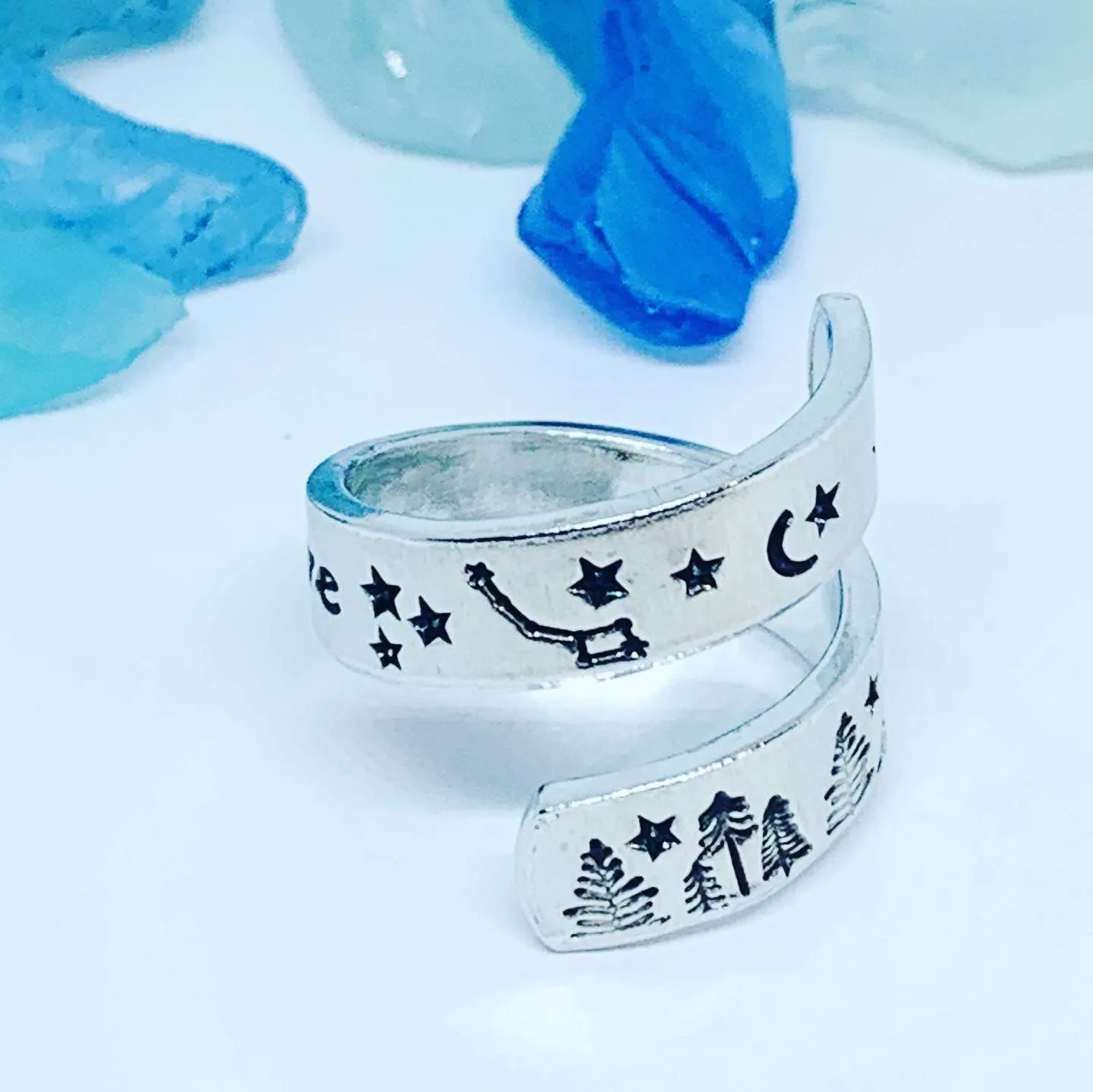 Wander More Hand Stamped Wrap Ring | Nature Lover | Outdoorsy Hiker | Gift for Her | Mountain Wrap Ring | Valentine’s Gift | Trees Mountains