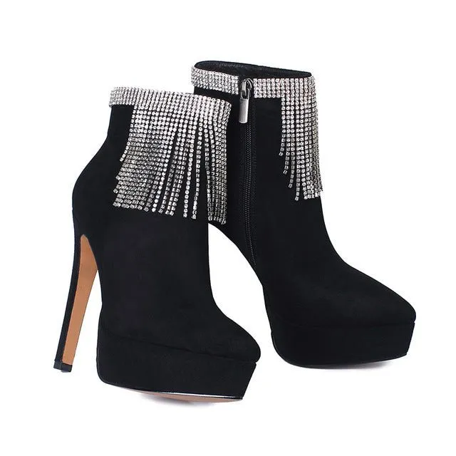 Waterproof Platform Leather Side Zipper Rhinestone Tassel Boots