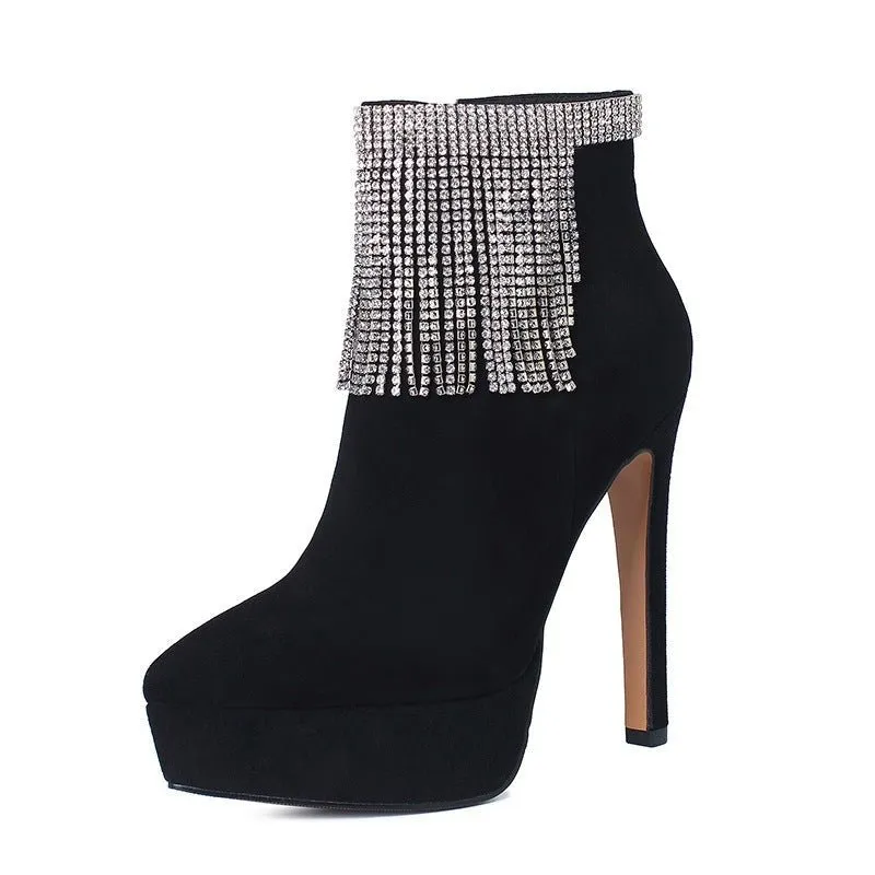 Waterproof Platform Leather Side Zipper Rhinestone Tassel Boots