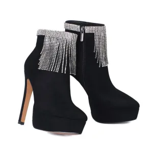 Waterproof Platform Leather Side Zipper Rhinestone Tassel Boots