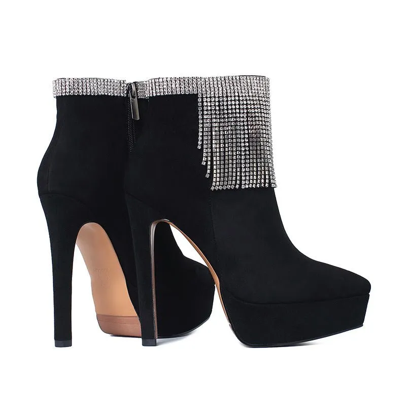 Waterproof Platform Leather Side Zipper Rhinestone Tassel Boots