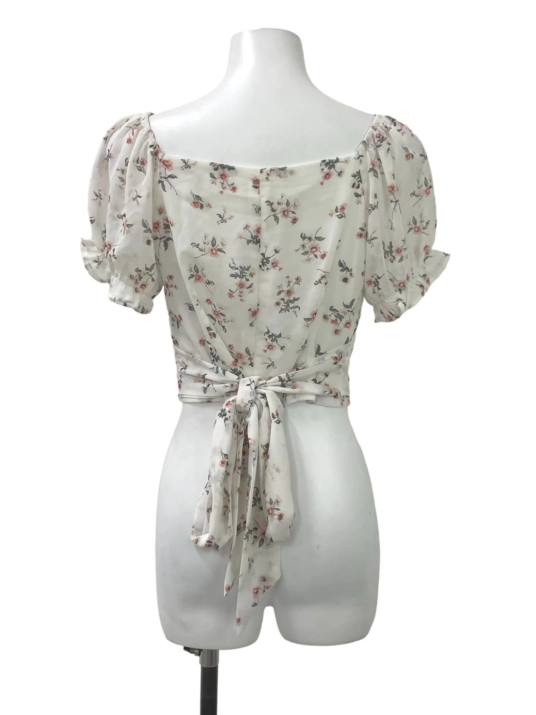 White Floral Overlap Puff Sleeve Top