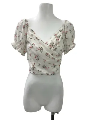 White Floral Overlap Puff Sleeve Top