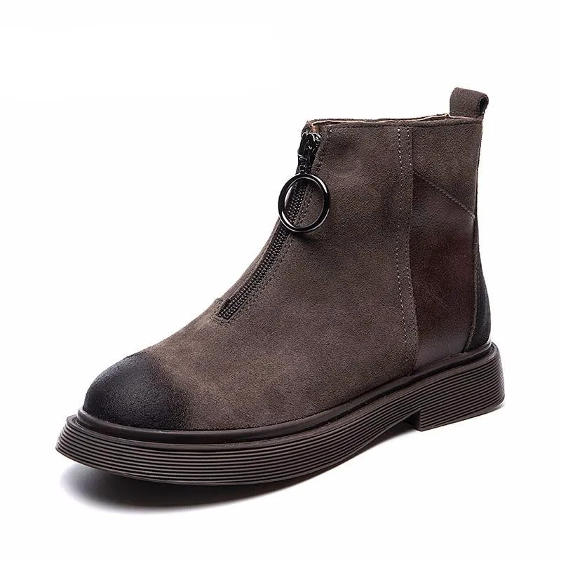 Winter Short Plush Warm Leather Ankle Boots Woman Low Heel Front Zipper Brand Fashion Short Boots Ladies Motorcycle Boots