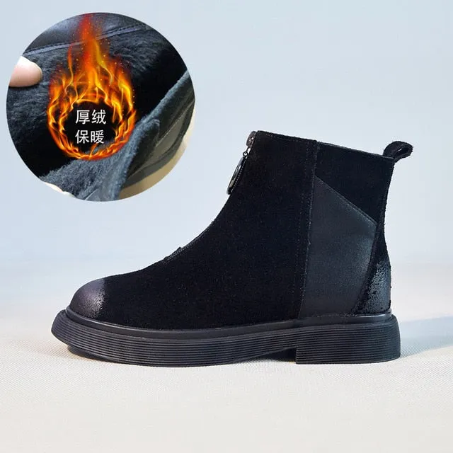 Winter Short Plush Warm Leather Ankle Boots Woman Low Heel Front Zipper Brand Fashion Short Boots Ladies Motorcycle Boots